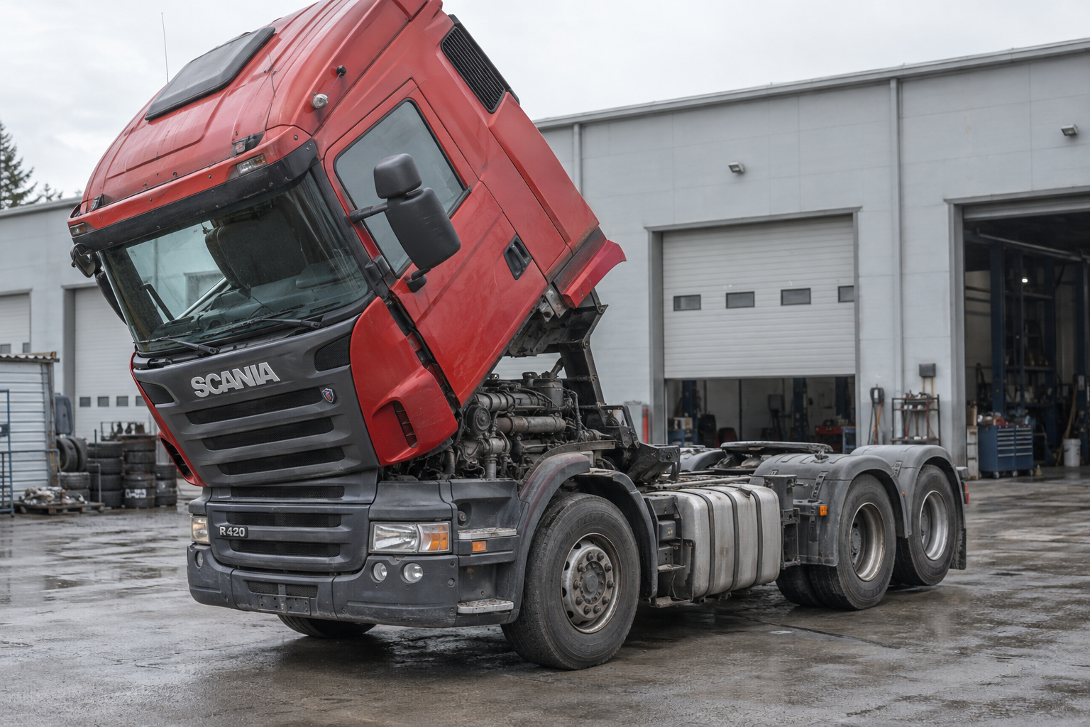 Scania с откинутой кабиной для ремонта двигателя